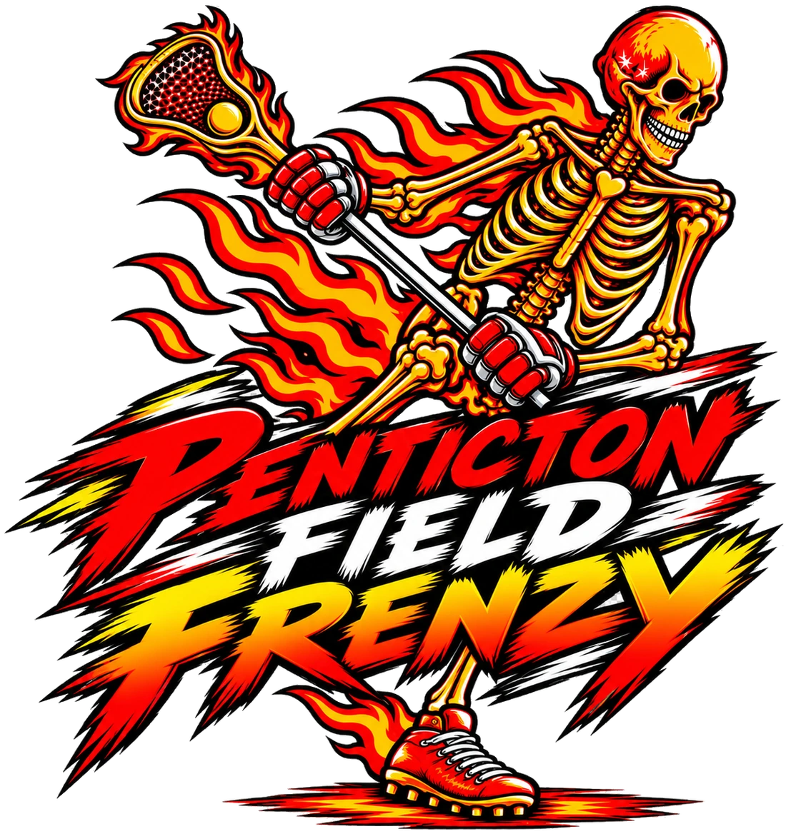 Penticton Field Frenzy logo — a flaming skeleton mascot carrying a lacrosse stick