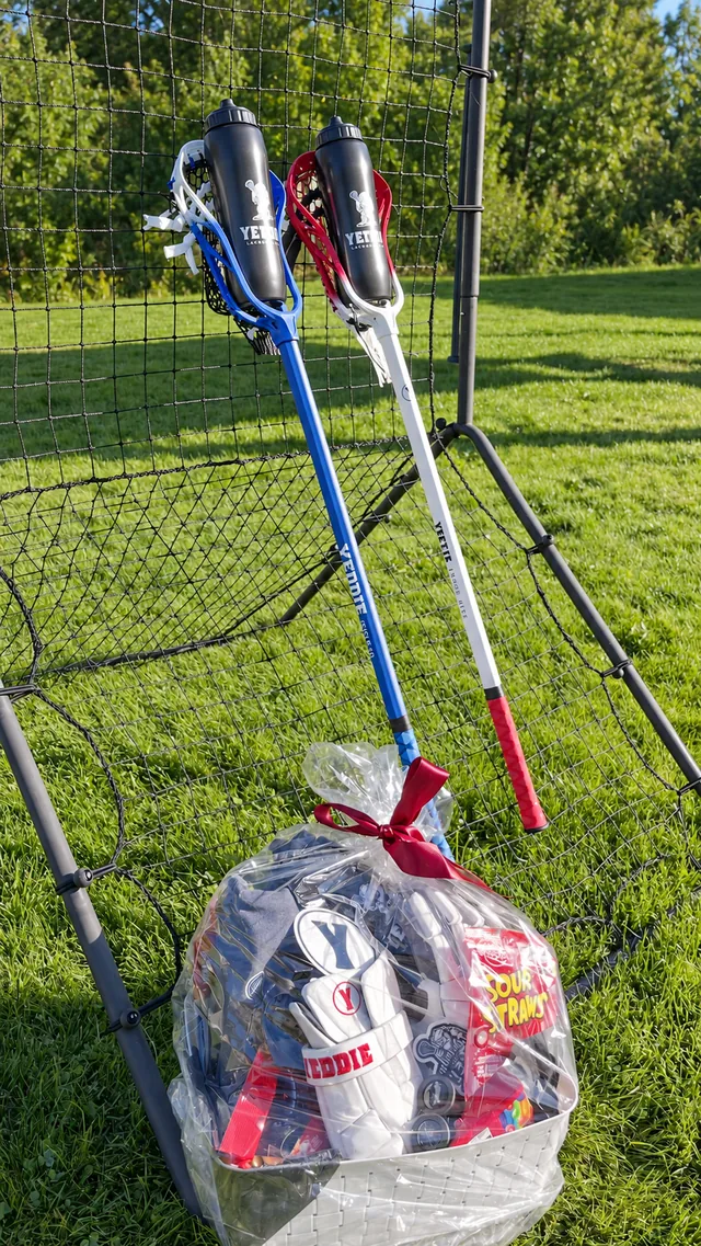 YEDDIE prize basket with two custom lacrosse sticks, sour straws and gear